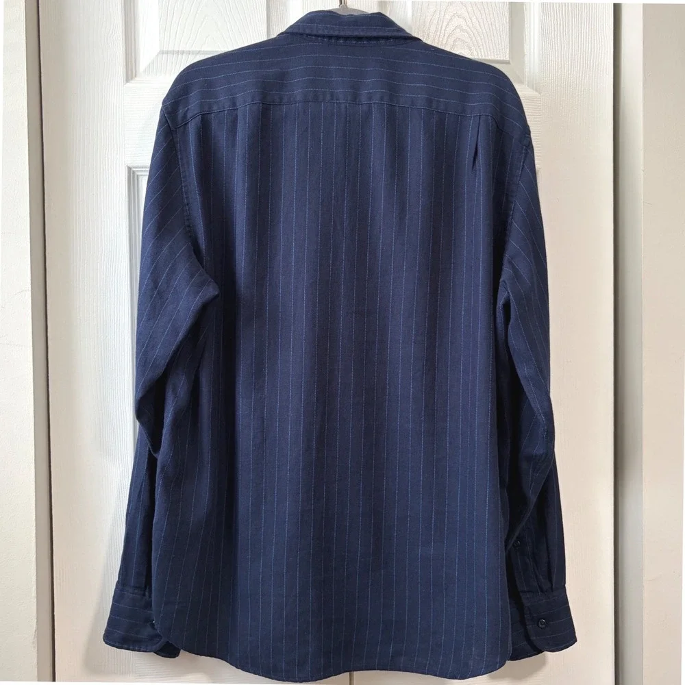 J.Crew Mens Navy Blue Pinstripe Linen Cotton Slim Fit Button Down Shirt Large